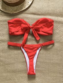 SHEIN Swim Women's Plain Red Fabric Bandeau Tie Back Bikini Set With Thongs Bottom - Red - View 3