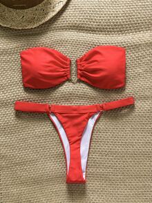 SHEIN Swim Women's Plain Red Fabric Bandeau Tie Back Bikini Set With Thongs Bottom - Red - View 2