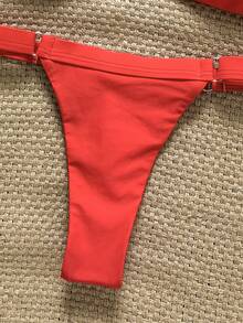 SHEIN Swim Women's Plain Red Fabric Bandeau Tie Back Bikini Set With Thongs Bottom - Red - View 7