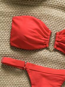 SHEIN Swim Women's Plain Red Fabric Bandeau Tie Back Bikini Set With Thongs Bottom - Red - View 5