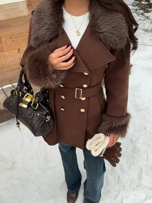 SHEIN EZwear Women's Autumn/Winter Patchwork Faux Fur Long Sleeve Double-Breasted Elegant Jacket - Mocha Brown - View 4
