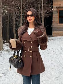 SHEIN EZwear Women's Autumn/Winter Patchwork Faux Fur Long Sleeve Double-Breasted Elegant Jacket - Mocha Brown - View 6