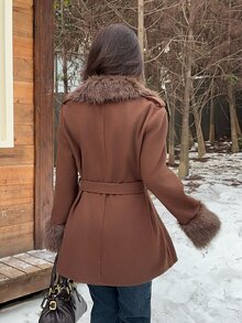 SHEIN EZwear Women's Autumn/Winter Patchwork Faux Fur Long Sleeve Double-Breasted Elegant Jacket - Mocha Brown - View 3