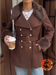 SHEIN EZwear Women's Autumn/Winter Patchwork Faux Fur Long Sleeve Double-Breasted Elegant Jacket - Mocha Brown - View 9