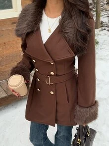 SHEIN EZwear Women's Autumn/Winter Patchwork Faux Fur Long Sleeve Double-Breasted Elegant Jacket - Mocha Brown - View 8