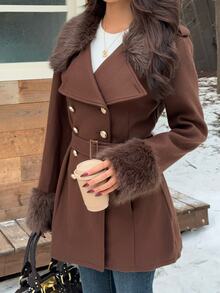 SHEIN EZwear Women's Autumn/Winter Patchwork Faux Fur Long Sleeve Double-Breasted Elegant Jacket - Mocha Brown - View 5