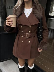 SHEIN EZwear Women's Autumn/Winter Patchwork Faux Fur Long Sleeve Double-Breasted Elegant Jacket - Mocha Brown - View 1
