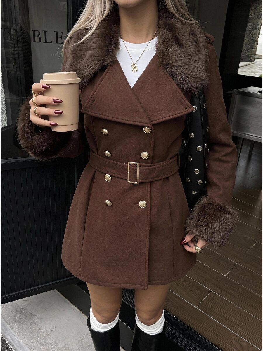 SHEIN EZwear Women's Autumn/Winter Patchwork Faux Fur Long Sleeve Double-Breasted Elegant Jacket - Mocha Brown - View 1