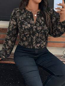 Comfylo Casual Romantic Floral Print Plus Size Long Sleeve Shirt, Office, Date Fall - Multicolor - View 3