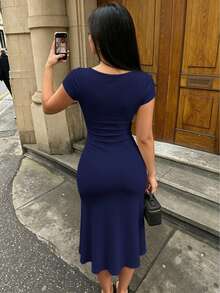 Cévolie Women's Solid Color Pleated Casual Minimalist Party Dress - Navy Blue - View 4