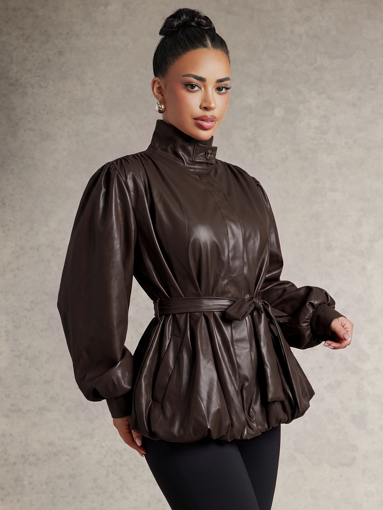 Silquee Women's Dark Brown PU Leather Jacket Long Sleeves Stand Collar Bubble Hem Night Out Fall Streetwear Elegant - Brown - View 9