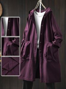 SHEIN LUNE Plus Size Women's Solid Color Long Sleeve Hooded Long Casual Jacket With Large Pockets Fall - Purple - View 1