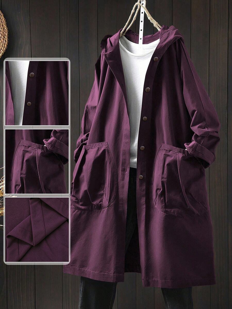 SHEIN LUNE Plus Size Women's Solid Color Long Sleeve Hooded Long Casual Jacket With Large Pockets Fall - Purple - View 1