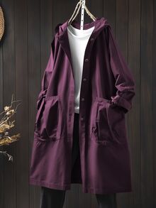 SHEIN LUNE Plus Size Women's Solid Color Long Sleeve Hooded Long Casual Jacket With Large Pockets Fall - Purple - View 4