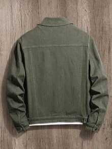 OldRiff Plus Size Men's Solid Color Cargo Pockets Long Sleeve Plain Casual Dark Denim Jacket, Spring Autumn, For Work Work Going Out Hiking Urban - Army Green - View 2