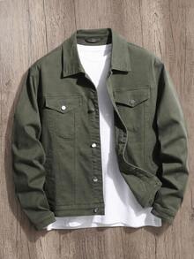 OldRiff Plus Size Men's Solid Color Cargo Pockets Long Sleeve Plain Casual Dark Denim Jacket, Spring Autumn, For Work Work Going Out Hiking Urban - Army Green - View 1