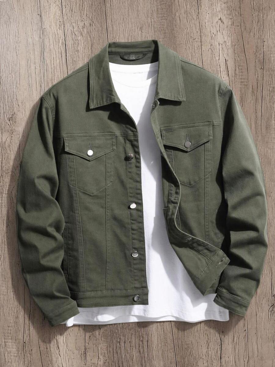 OldRiff Plus Size Men's Solid Color Cargo Pockets Long Sleeve Plain Casual Dark Denim Jacket, Spring Autumn, For Work Work Going Out Hiking Urban - Army Green - View 1