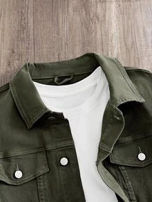 OldRiff Plus Size Men's Solid Color Cargo Pockets Long Sleeve Plain Casual Dark Denim Jacket, Spring Autumn, For Work Work Going Out Hiking Urban - Army Green - View 3