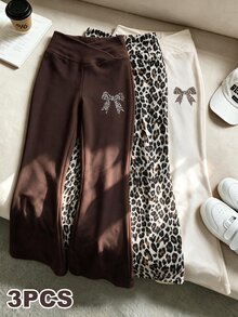 3pcs Young Girl Soft Stretchy Leopard Flare Pants, Slim Fit Cross Waist Bell Bottom , Spring Fall For Daily School Party - Multicolor - View 4