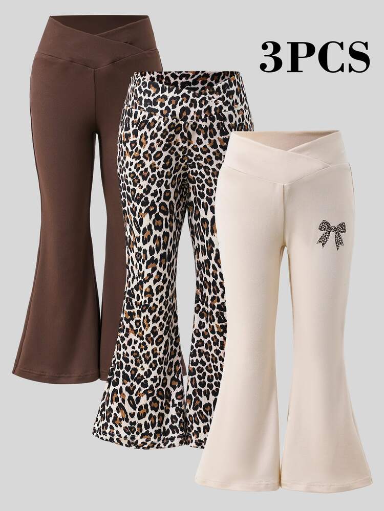 3pcs Young Girl Soft Stretchy Leopard Flare Pants, Slim Fit Cross Waist Bell Bottom , Spring Fall For Daily School Party - Multicolor - View 5