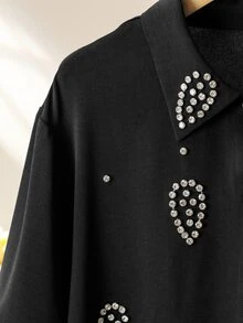 Lacomfia Women's Handmade Rhinestone Long Sleeve Blouse & Wide Leg Pants Casual Versatile Comfortable Plus Size 2 Pieces Set Fall - Black - View 6