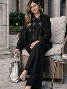 Lacomfia Women's Handmade Rhinestone Long Sleeve Blouse & Wide Leg Pants Casual Versatile Comfortable Plus Size 2 Pieces Set Fall - Black - View 1