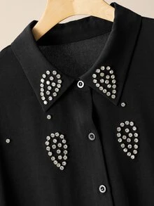 Lacomfia Women's Handmade Rhinestone Long Sleeve Blouse & Wide Leg Pants Casual Versatile Comfortable Plus Size 2 Pieces Set Fall - Black - View 5