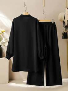 Lacomfia Women's Handmade Rhinestone Long Sleeve Blouse & Wide Leg Pants Casual Versatile Comfortable Plus Size 2 Pieces Set Fall - Black - View 2