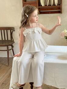 SHEIN Young Girls 2pcs Summer Set, Cute Bowknot Camisole Dress + Loose Wide Leg Pants, Suitable For Daily Wear, Travel, Party - White - View 3