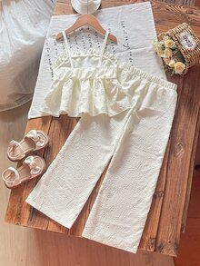 SHEIN Young Girls 2pcs Summer Set, Cute Bowknot Camisole Dress + Loose Wide Leg Pants, Suitable For Daily Wear, Travel, Party - White - View 2