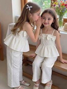 SHEIN Young Girls 2pcs Summer Set, Cute Bowknot Camisole Dress + Loose Wide Leg Pants, Suitable For Daily Wear, Travel, Party - White - View 4