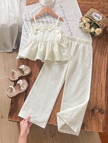 SHEIN Young Girls 2pcs Summer Set, Cute Bowknot Camisole Dress + Loose Wide Leg Pants, Suitable For Daily Wear, Travel, Party - White - View 5