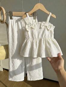 SHEIN Young Girls 2pcs Summer Set, Cute Bowknot Camisole Dress + Loose Wide Leg Pants, Suitable For Daily Wear, Travel, Party - White - View 1