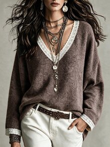 Breezaya Autumn/Winter Contrast Lace Pullover Sweater - Coffee Brown - View 4