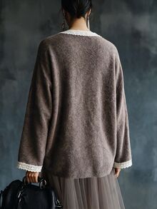 Breezaya Autumn/Winter Contrast Lace Pullover Sweater - Coffee Brown - View 2