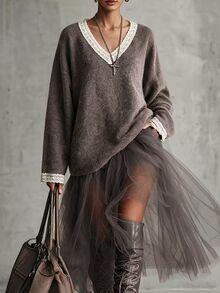Breezaya Autumn/Winter Contrast Lace Pullover Sweater - Coffee Brown - View 1