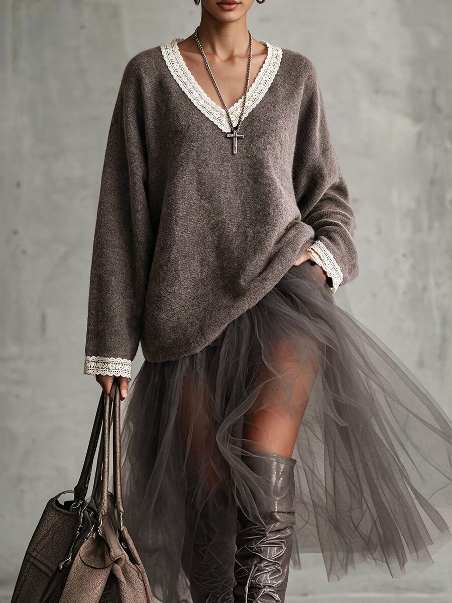 Breezaya Autumn/Winter Contrast Lace Pullover Sweater - Coffee Brown - View 1