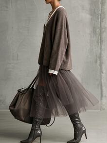 Breezaya Autumn/Winter Contrast Lace Pullover Sweater - Coffee Brown - View 3