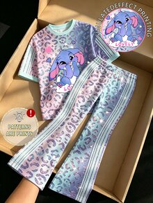 (1套) 夏/秋季女童幼兒清新藍色兔子愛心條紋三色漸層亮面豹紋短袖T恤與喇叭褲 - 彩色 - 查看 3