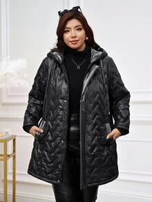 Reflora Plus Size Winter Hooded Jacket Holiday Going Out Party Club Black Casual Smart Elegant Baggy - Black - View 9