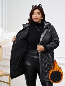 Reflora Plus Size Winter Hooded Jacket Holiday Going Out Party Club Black Casual Smart Elegant Baggy - Black - View 3