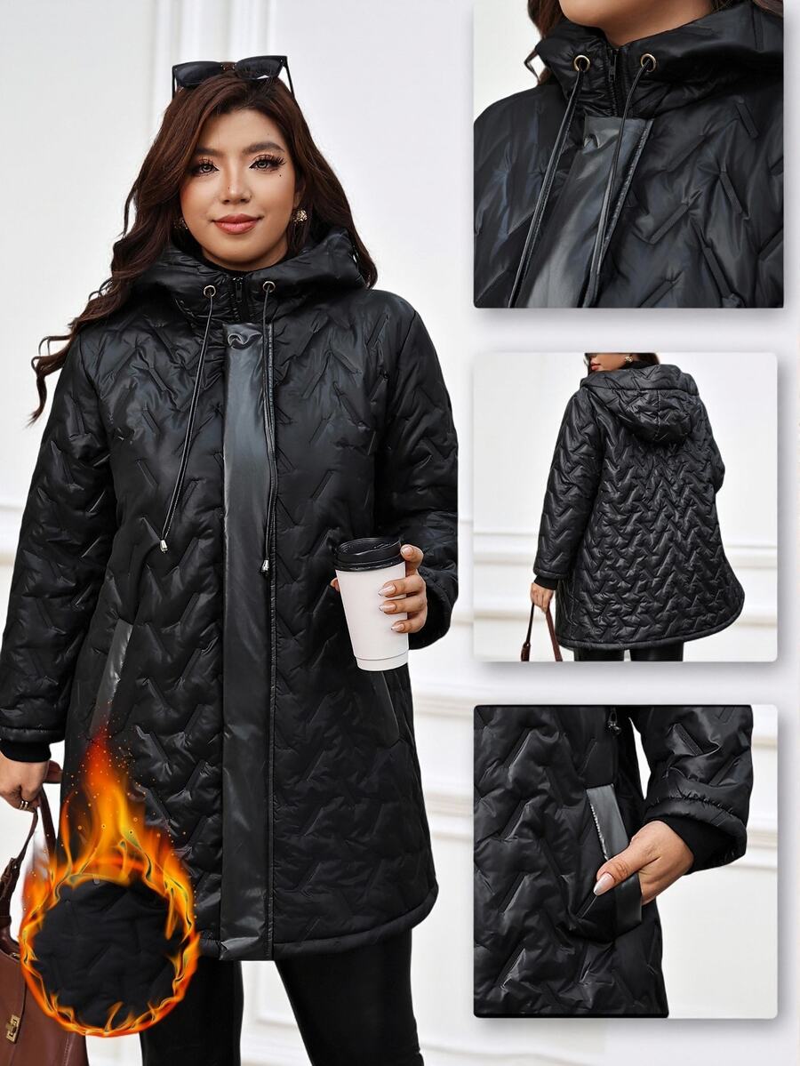 Reflora Plus Size Winter Hooded Jacket Holiday Going Out Party Club Black Casual Smart Elegant Baggy