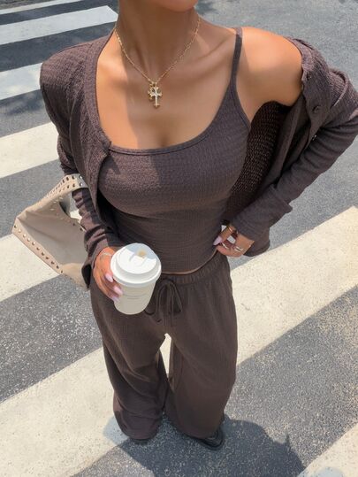 Muchica 3pcs Brown Jacquard Cardigan, Brown Jacquard Tank Top And Brown Striped Pants, Elegant Casual Fashion Set Suitable For Autumn/Winter, Ideal For Outings And Gatherings, Women's Commute Set, Party, Graduation, Outing, Date, Commute, Valentine's Day, Elegant, Y2K