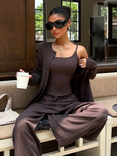 Muchica 3pcs Brown Jacquard Cardigan, Brown Jacquard Tank Top And Brown Striped Pants, Elegant Casual Fashion Set Suitable For Autumn/Winter, Ideal For Outings And Gatherings, Women's Commute Set, Party, Graduation, Outing, Date, Commute, Valentine's Day, Elegant, Y2K