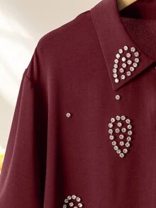 Lacomfia Women's Handmade Rhinestone Long Sleeve Shirt & Wide Leg Pants Casual Versatile Comfortable Plus Size 2 Pieces Burgundy Set Fall, Everyday - Burgundy - View 3