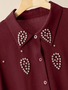 Lacomfia Women's Handmade Rhinestone Long Sleeve Shirt & Wide Leg Pants Casual Versatile Comfortable Plus Size 2 Pieces Burgundy Set Fall, Everyday - Burgundy - View 8
