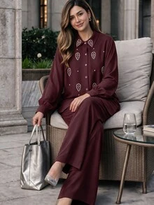 Lacomfia Women's Handmade Rhinestone Long Sleeve Shirt & Wide Leg Pants Casual Versatile Comfortable Plus Size 2 Pieces Burgundy Set Fall, Everyday - Burgundy - View 1