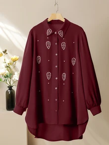 Lacomfia Women's Handmade Rhinestone Long Sleeve Shirt & Wide Leg Pants Casual Versatile Comfortable Plus Size 2 Pieces Burgundy Set Fall, Everyday - Burgundy - View 6