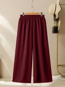 Lacomfia Women's Handmade Rhinestone Long Sleeve Shirt & Wide Leg Pants Casual Versatile Comfortable Plus Size 2 Pieces Burgundy Set Fall, Everyday - Burgundy - View 4