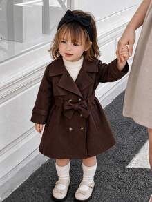 SHEIN Baby Girls Fashion Elegant Belted Lapel Front-Open Long Trench Coat - Camel - View 1